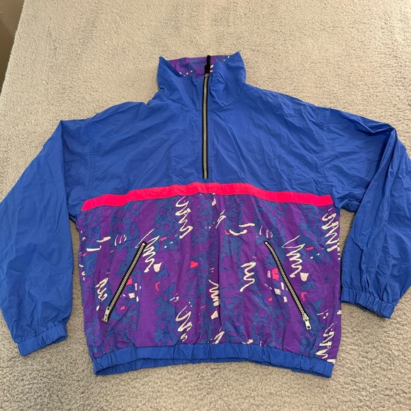 OP Zip‎ Up Jacket LG  Blue Neon 90s Windbreaker Ocean Pacific One Planet Vintage - Picture 1 of 11
